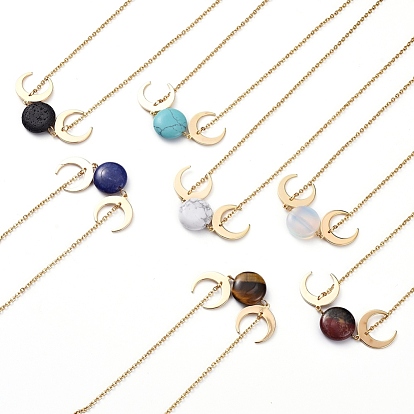 Collares pendientes, con cuentas de piedras preciosas, 304 cadenas de cable de acero inoxidable, cadenas del encintado de hierro, colgantes de doble cuerno / luna creciente y cierres de garra de langosta