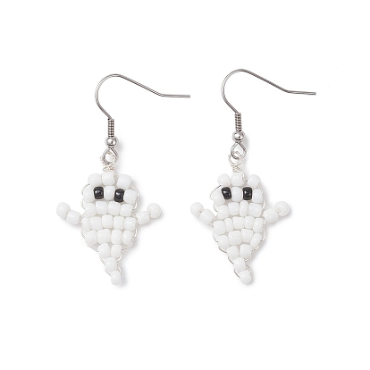 Серьги-подвески из стеклянных бусин в стиле привидения на Хэллоуин, с 316 хирургическими крючками для серег из нержавеющей стали, цвет нержавеющей стали