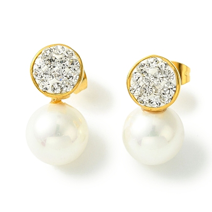 Вакуумное покрытие pvd 304 серьги-гвоздики из нержавеющей стали с кристаллами и стразами, плоские круглые пластиковые серьги с жемчугом для женщин