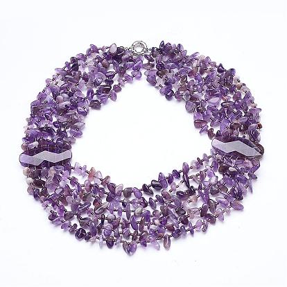 Gemstone Multi-strand Necklaces, with Brass Spring Ring Clasps