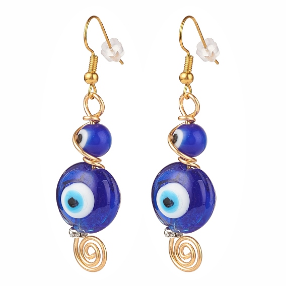 Lampwork Evil Eye Dangle Earrings, Brass Wire Wrap Jewelry for Women