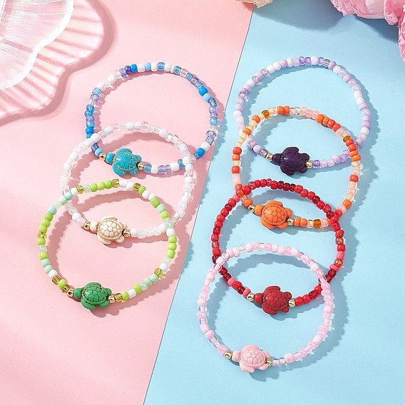 7 Браслеты из окрашенной синтетической бирюзы и гальванически покрытых немагнитных бусин из синтетического гематита., бисер стеклянный бисер украшения для женщин, черепаха