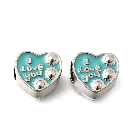 Эмали сплава Европейский бисером, бусины с большим отверстием, Сердце со словами «Я люблю тебя» и цветок, платина
