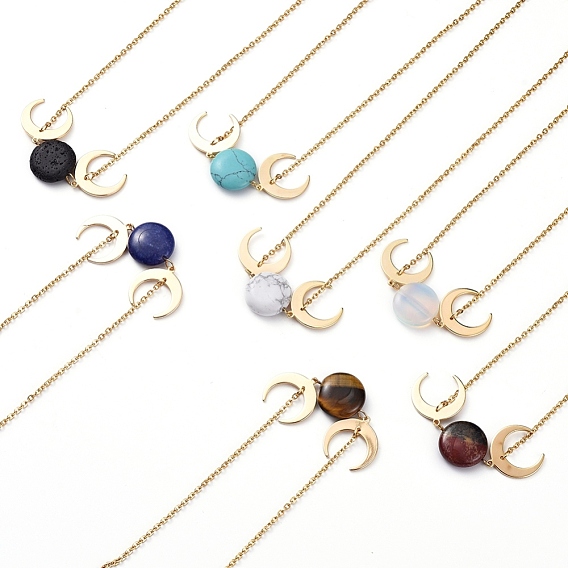 Pendant Necklaces, with Gemstone Beads, 304 Stainless Steel Cable Chains, Iron Curb Chains, Double Horn/Crescent Moon Brass Pendants & Lobster Claw Clasps