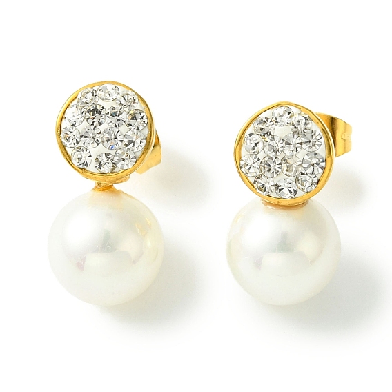 Вакуумное покрытие pvd 304 серьги-гвоздики из нержавеющей стали с кристаллами и стразами, плоские круглые пластиковые серьги с жемчугом для женщин