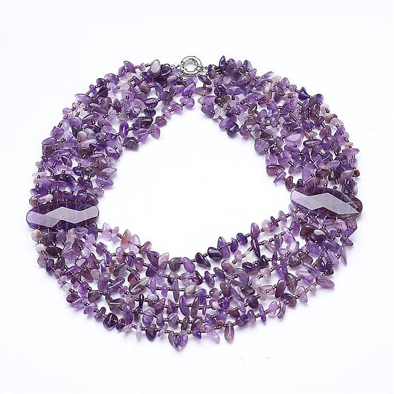 Gemstone Multi-strand Necklaces, with Brass Spring Ring Clasps