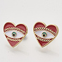 Brass Stud Earrings Findings, with Enamel and Ear Nuts/Earring Backs, Heart with Eye, Golden
