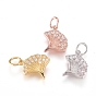 Brass Charms, with Micro Pave Cubic Zirconia and Jump Rings, Ginkgo, Clear