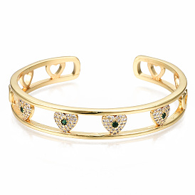 Brass Micro Pave Cubic Zirconia Cuff Bangles, Nickel Free, Heart, Green
