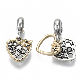 Alloy European Dangle Charms, with Crystal Rhinestone, Large Hole Pendants, Heart with Bee