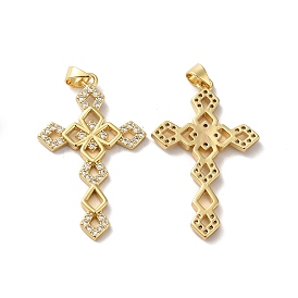 Rack Plating Brass Micro Pave Clear Cubic Zirconia Pendants, Long-Lasting Plated, Lead Free & Cadmium Free, Cross Charm, Religion