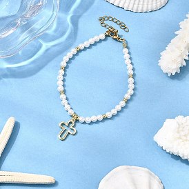 304 браслеты с подвесками в виде полого креста из нержавеющей стали, Браслеты из натурального культивированного пресноводного жемчуга для женщин
