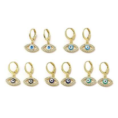 Horse Eye Golden Brass Dangle Leverback Earrings, with Enamel and Cubic Zirconia
