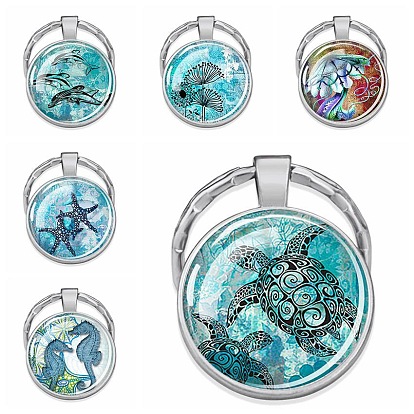 Sea Animals Pattern Glass Half Round/Dome Pendant Keychain, with Metal Findings, for Car Bag Pendant Accessories