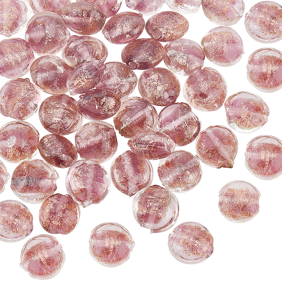 Handmade Gold Sand Lampwork Beads Strands, Flat Round
