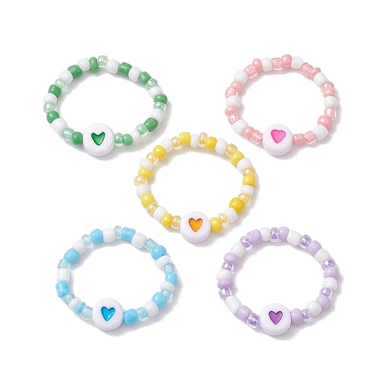 Стеклянный бисер, растягивающееся кольцо, плоское круглое кольцо с сердечком из акриловых бусин для женщин