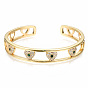 Brass Micro Pave Cubic Zirconia Cuff Bangles, Nickel Free, Heart, Green