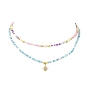 2Pcs 2 Style Glass Seed Beaded Necklaces Set, Clear Cubic Zirconia Sun Charm Stackable Necklaces