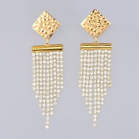Brass Rhinestone Strass Chains Dangle Earrings, with Brass Slide On End Clasp Tubes and 304 Stainless Steel Stud Earring Findings, Square