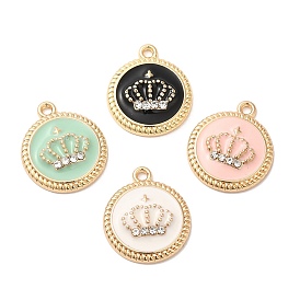 Alloy Enamel Pendants, with Rhinestone, Long-Lasting Plated, Cadmium Free & Nickel Free & Lead Free, Golden, Flat Round with Crown Charm