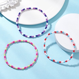 3шт. 3 цветов Набор эластичных браслетов в стиле бохо из стеклянного бисера для женщин