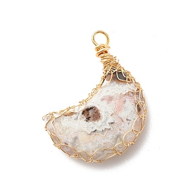 Natural Mexican Agate Pendants, with Golden Tone Copper Wire Wrapped, Moon