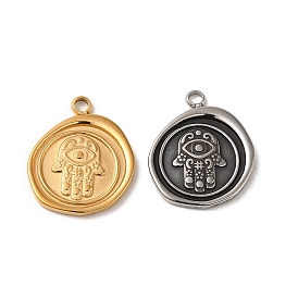 304 Stainless Steel Pendants, Flat Round with Hamsa Hand Pattern Charm