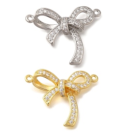 Rack Plating Brass Pave Clear Cubic Zirconia Bowknot Connector Charms, Lead Free & Cadmium Free, Long-Lasting Plated