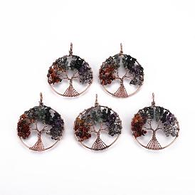Natural Green Aventurine & Red Aventurine & Quartz Crystal Chips Big Pendants, with Red Copper Plated Brass Findings, Flat Round with Tree of Life