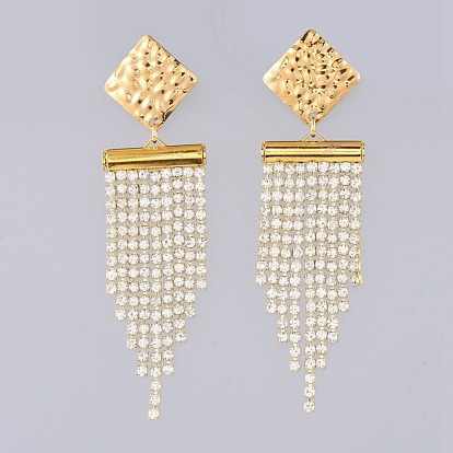 Brass Rhinestone Strass Chains Dangle Earrings, with Brass Slide On End Clasp Tubes and 304 Stainless Steel Stud Earring Findings, Square