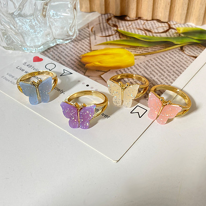 Colorful Butterfly Ring Set with Unique Alloy Design - 4 Pieces, Forest-Inspired Oil Drop Style.