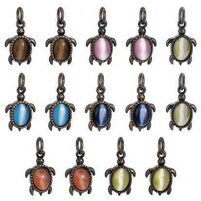 14 шт. 7 цвета латунные подвески, с кошачьим глазом и прыгающим кольцом, без свинца и без кадмия, античная бронза, Морская черепаха