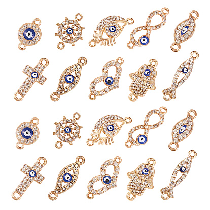 50 шт 10 стиль звеньев из сплава, с стразами и эмалью, крест и бесконечность и сердце и конский глаз и плоский круглый и шлем и рыба Иисус и сглаз