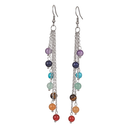 Chakra Natural & Synthetic Mixed Gemstomne Beaded Dangle Earrings, 316 Surgical Stainless Steel Chains Tassel Earrings