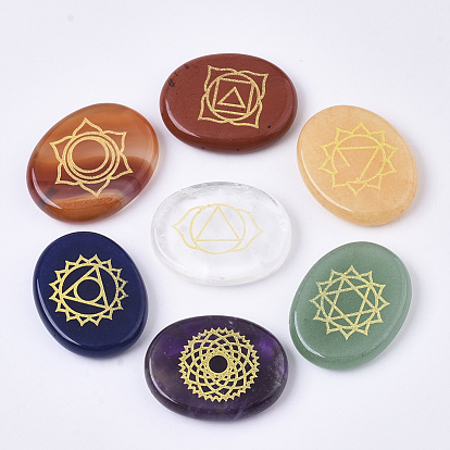 Natural Quartz Crystal & Green Aventurine & Yellow Aventurine & Carnelian & Amethyst & Red Jasper & Dyed White Jade Beads, Oval with Yoga Chakra Pattern, No Hole/Undrilled