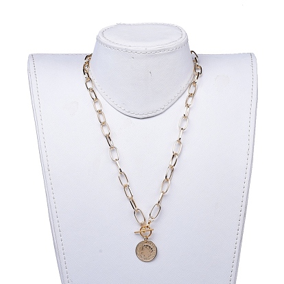 Fábrica de China Conjunto de collares pendientes, con 304 colgantes de monedas de acero inoxidable, perlas de y cadenas de clips de aluminio, plano y redondo Collar de perlas de vidrio: