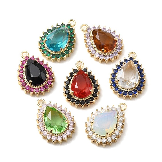 Brass with K9 Glass & Rhinestone Pendants, Light Gold, Teardrop Charms