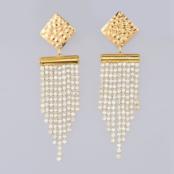 Brass Rhinestone Strass Chains Dangle Earrings, with Brass Slide On End Clasp Tubes and 304 Stainless Steel Stud Earring Findings, Square