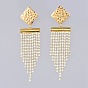 Brass Rhinestone Strass Chains Dangle Earrings, with Brass Slide On End Clasp Tubes and 304 Stainless Steel Stud Earring Findings, Square