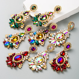Retro Pearl and Colorful Rhinestone Earrings, Elegant and Versatile Jewelry