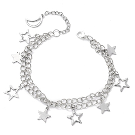 Star & Moon 304 Stainless Steel Charm Bracelets, Iron Multi-strand Twisted Chain Bracelets for Women