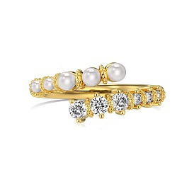 Кольцо-манжета круглой формы с жемчугом и прозрачным цирконием, 925 открытое кольцо из стерлингового серебра для женщин