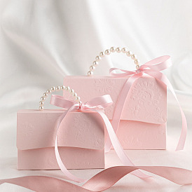 European Style Wedding Dress Paper Candy Gift Packaging Boxes with Ribbon and ABS Imitation Pearl, Foldable Storage Boxes for Wedding, Handbag Shape