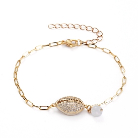 Brass Micro Pave Clear Cubic Zirconia Link Bracelets, with Round Natural White Moonstone Beads and Brass Paperclip Chains, Cowrie Shell Shape