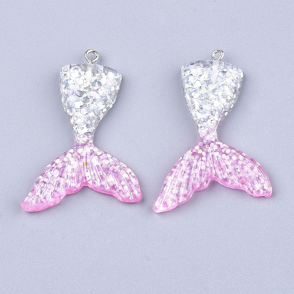 Resin Pendants, with Glitter Powder and Iron Findings, Mermaid Tail Shape, Platinum