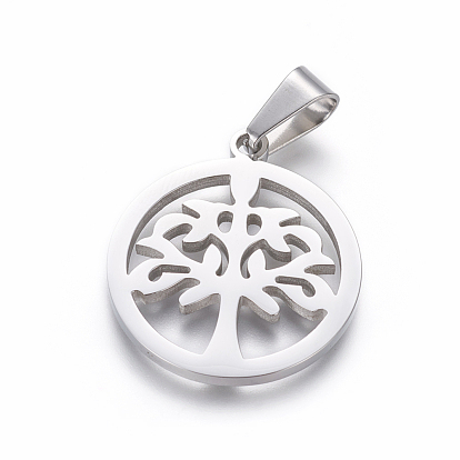 304 Stainless Steel Pendants, Smooth & Matte Surface, Flat Round with Tree of Life