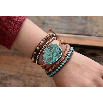 Natural Ocean Stone Genuine Leather Multilayer Bracelet Simple Hand Woven Alloy Bead String