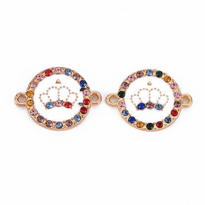 Alloy Links Connectors, with Enamel and Colorful Rhinestone, Light Gold, Flat Round with Crown