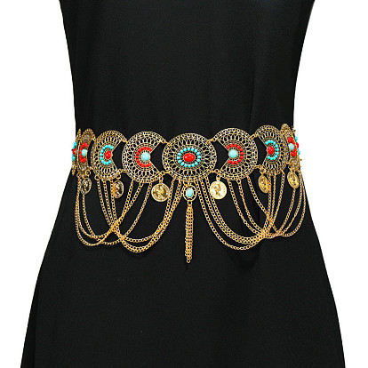 Богемный этнический стиль сплав паве красный и глубокий небесно-голубой синтетический бирюзовый кисточки поясные цепи, золотые