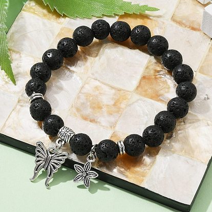 Natural Mixed Gemstone Round Beaded Stretch Bracelets, with Tibetan Style Alloy Butterfly Charms